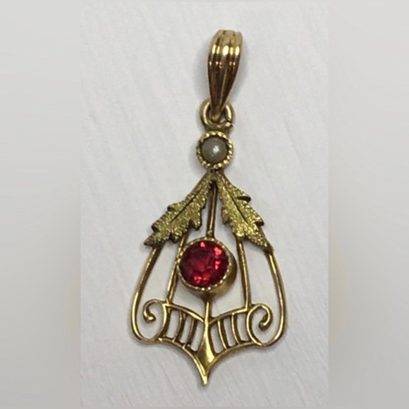 Victorian 10k ruby seed pearl lavalier pendant - Picture 2 of 6